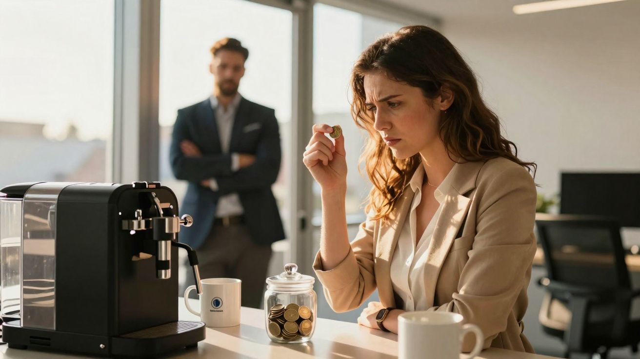 Mulher preocupada conta moedas perto de jarro com moedas, homem observa ao fundo numa cozinha de escritório.