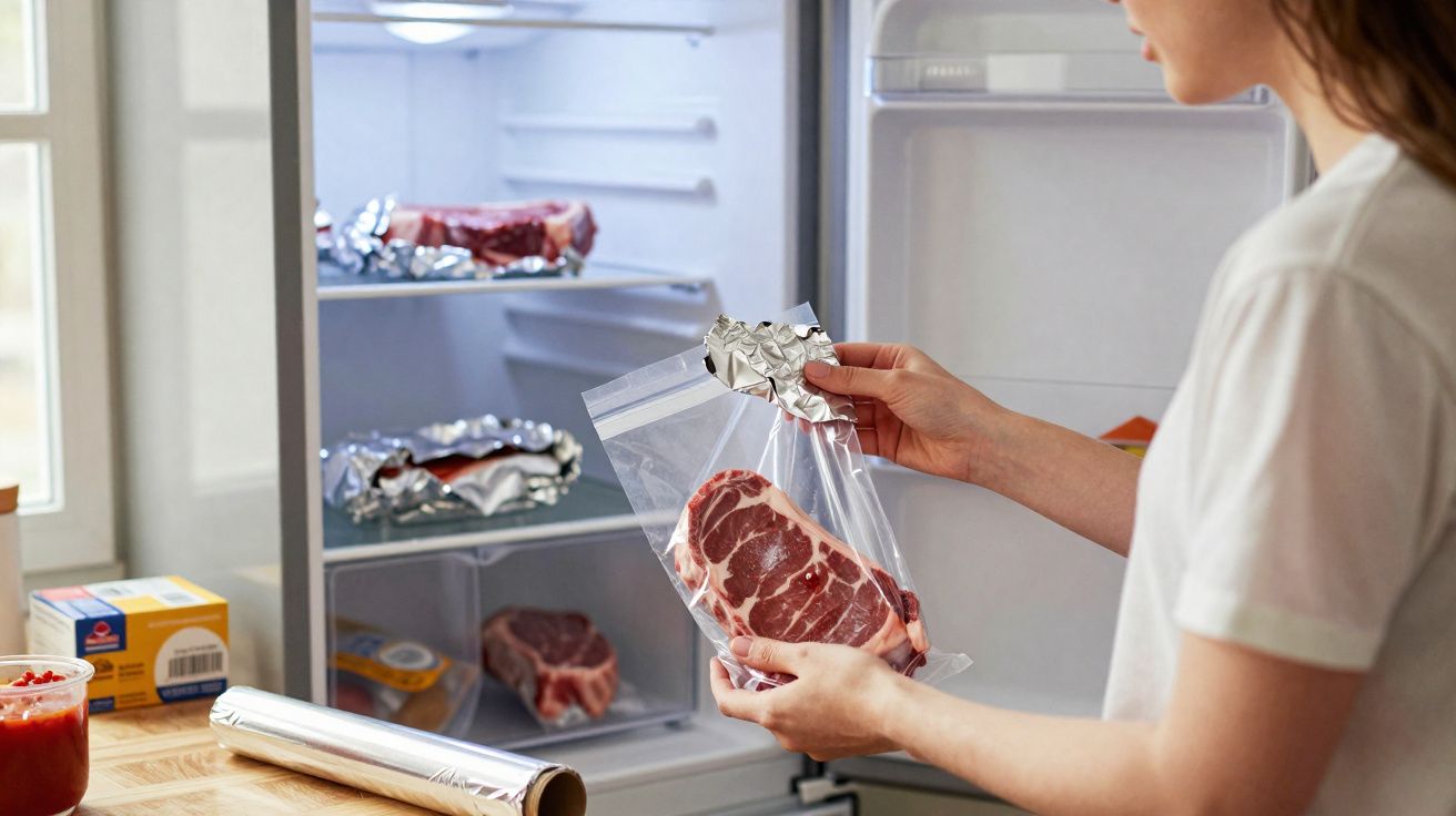Pessoa a guardar carne crua embalada em saco plástico dentro do frigorífico aberto numa cozinha.