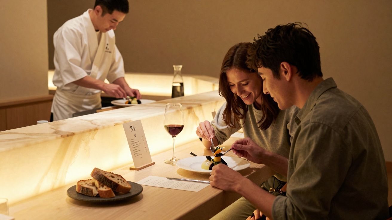 Casal a desfrutar de sobremesa num restaurante elegante com chef a preparar pratos ao fundo.