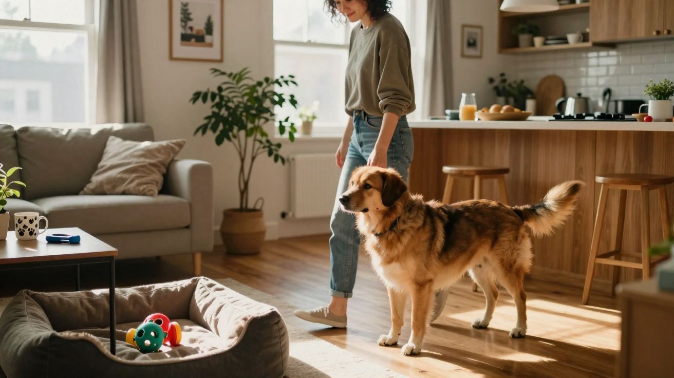 Mulher com cão castanho numa sala de estar luminosa com sofá, almofada e cama para cães.