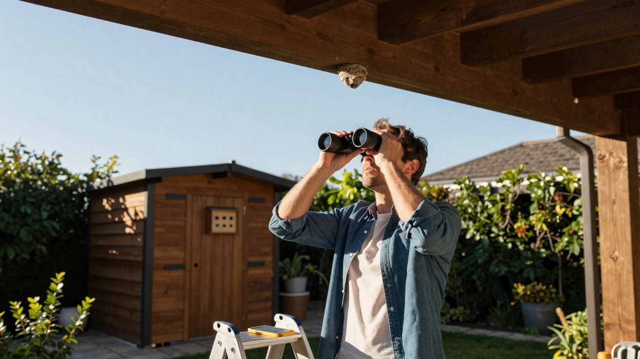 Homem em jardim observa com binóculos enquanto está em escada sob alpendre de madeira.