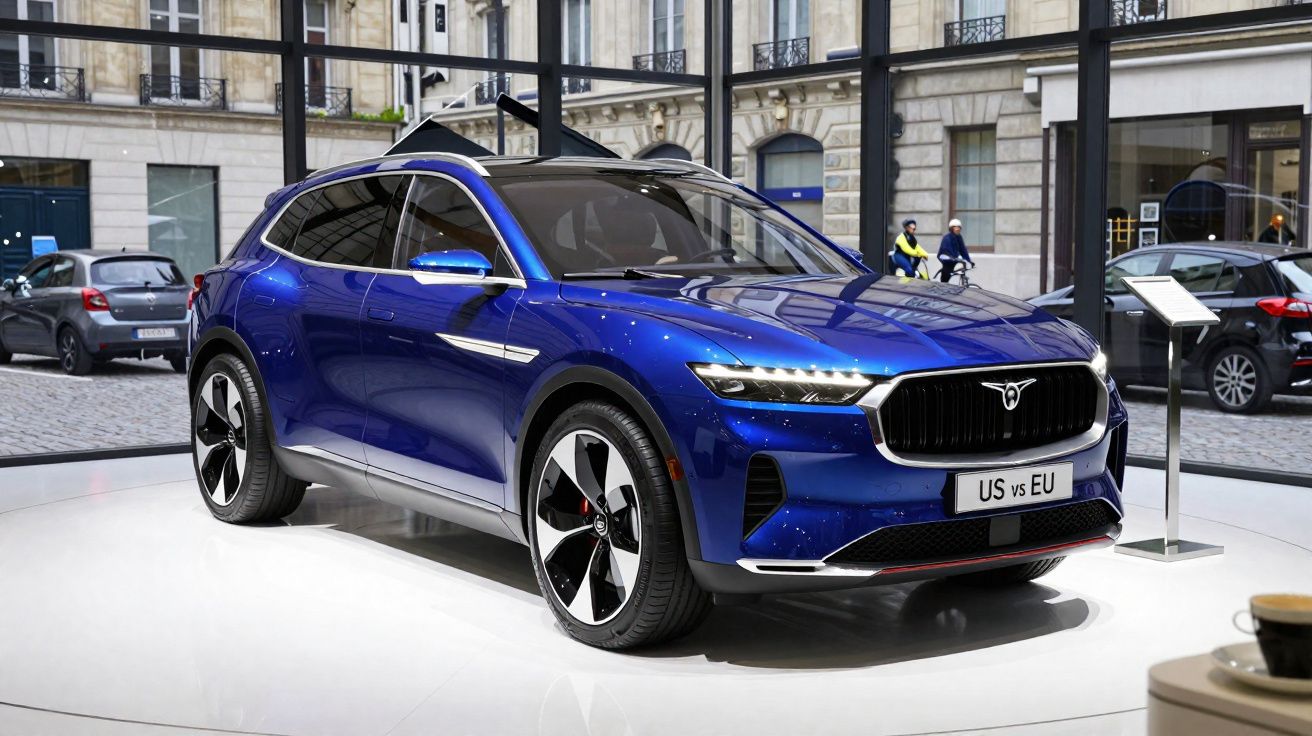 Carro elétrico SUV azul exposto em ambiente urbano com vidro e edifícios ao fundo.