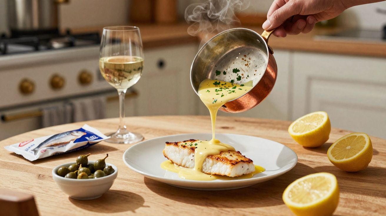 Filete de peixe grelhado servido com molho cremoso e limões frescos numa cozinha iluminada.