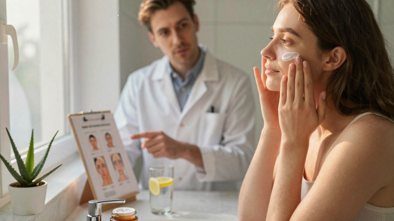 Mulher aplica creme no rosto enquanto dermatologista explica tipos de pele ao fundo numa consulta.