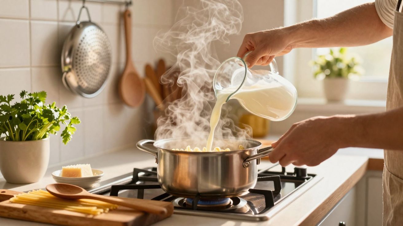 Pessoa a deitar leite numa panela com massa a cozer num fogão de gás numa cozinha iluminada.