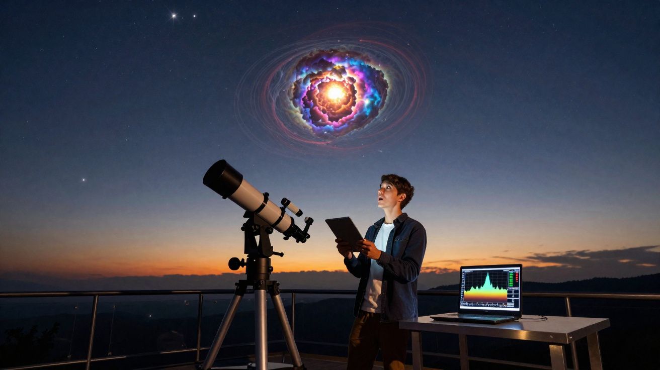 Jovem observa pelo telescópio uma galáxia colorida e brilhante no céu ao entardecer, com computador ao lado.