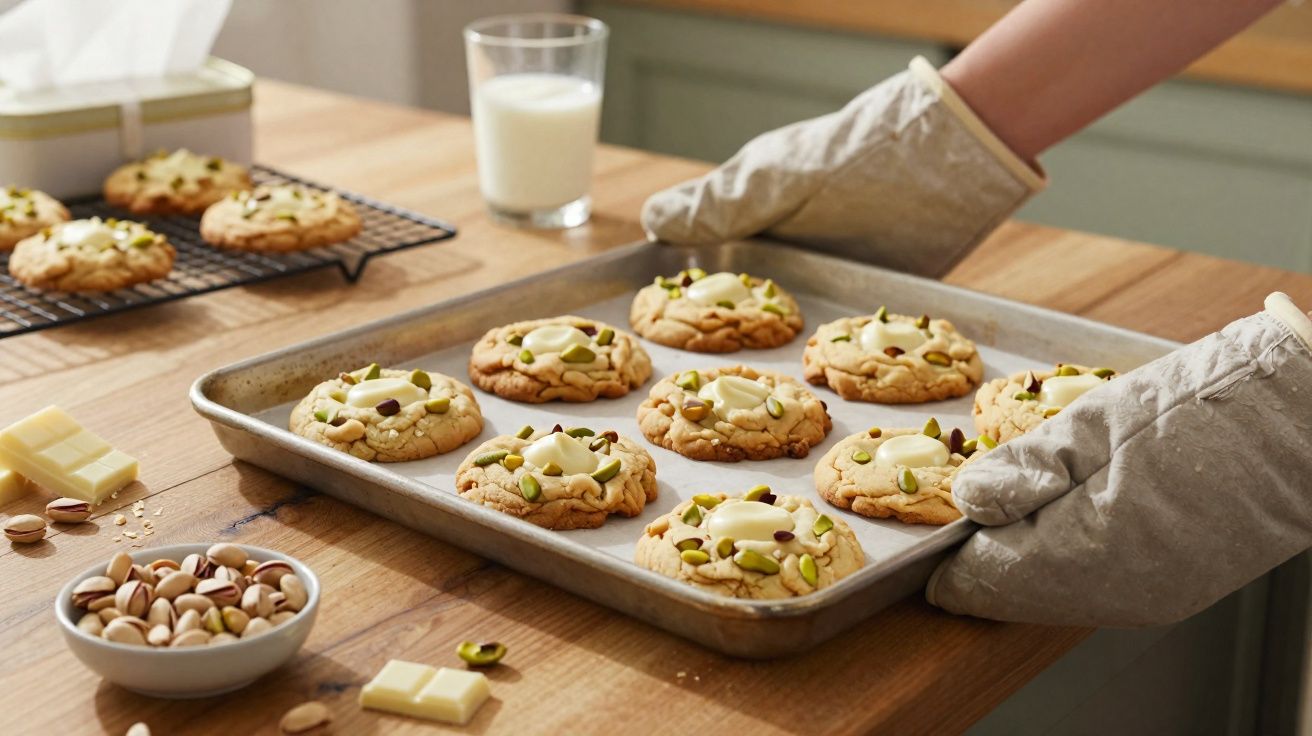 Pessoa a usar luvas a retirar do forno tabuleiro com bolachas decoradas com chocolate branco e pistáchios.