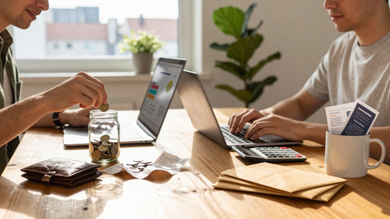 Duas pessoas sentadas numa mesa com computadores, calculadora, moedas numa jarra, documentos e envelopes.