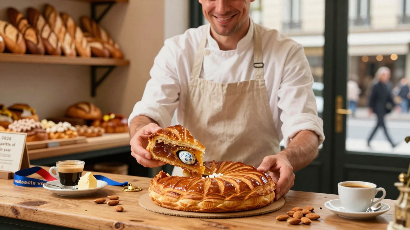 Padeiro a servir fatia de bolo-rei num café com mesa de madeira e cafés expresso.