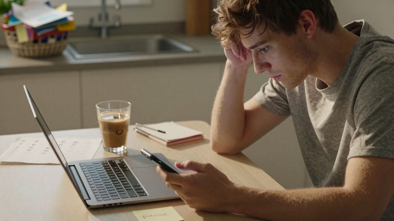 Jovem a trabalhar em computador portátil, com café, olhando preocupado para telemóvel numa cozinha.