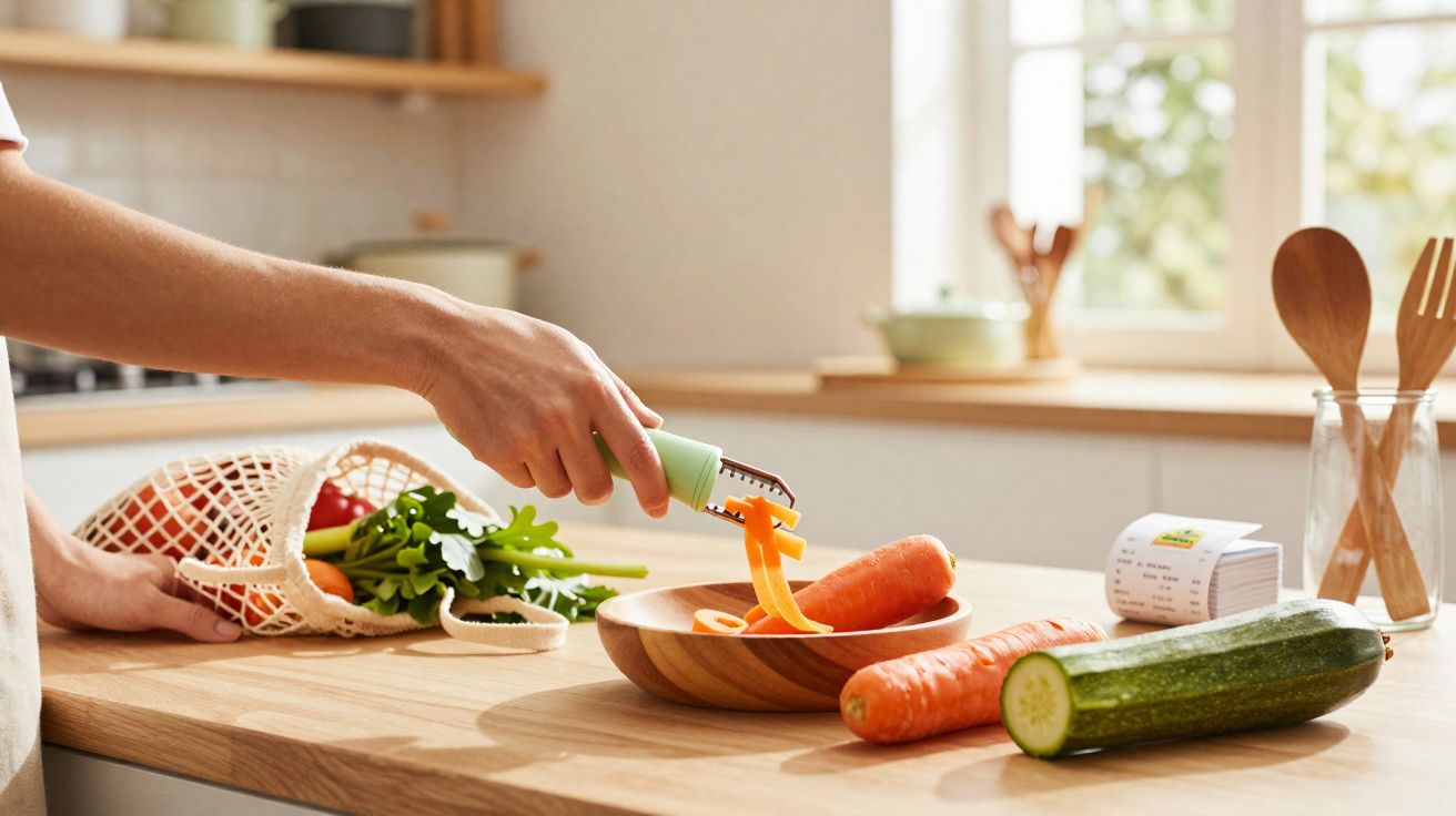 Pessoa a descascar cenouras com descascador numa bancada de cozinha com legumes frescos e utensílios.