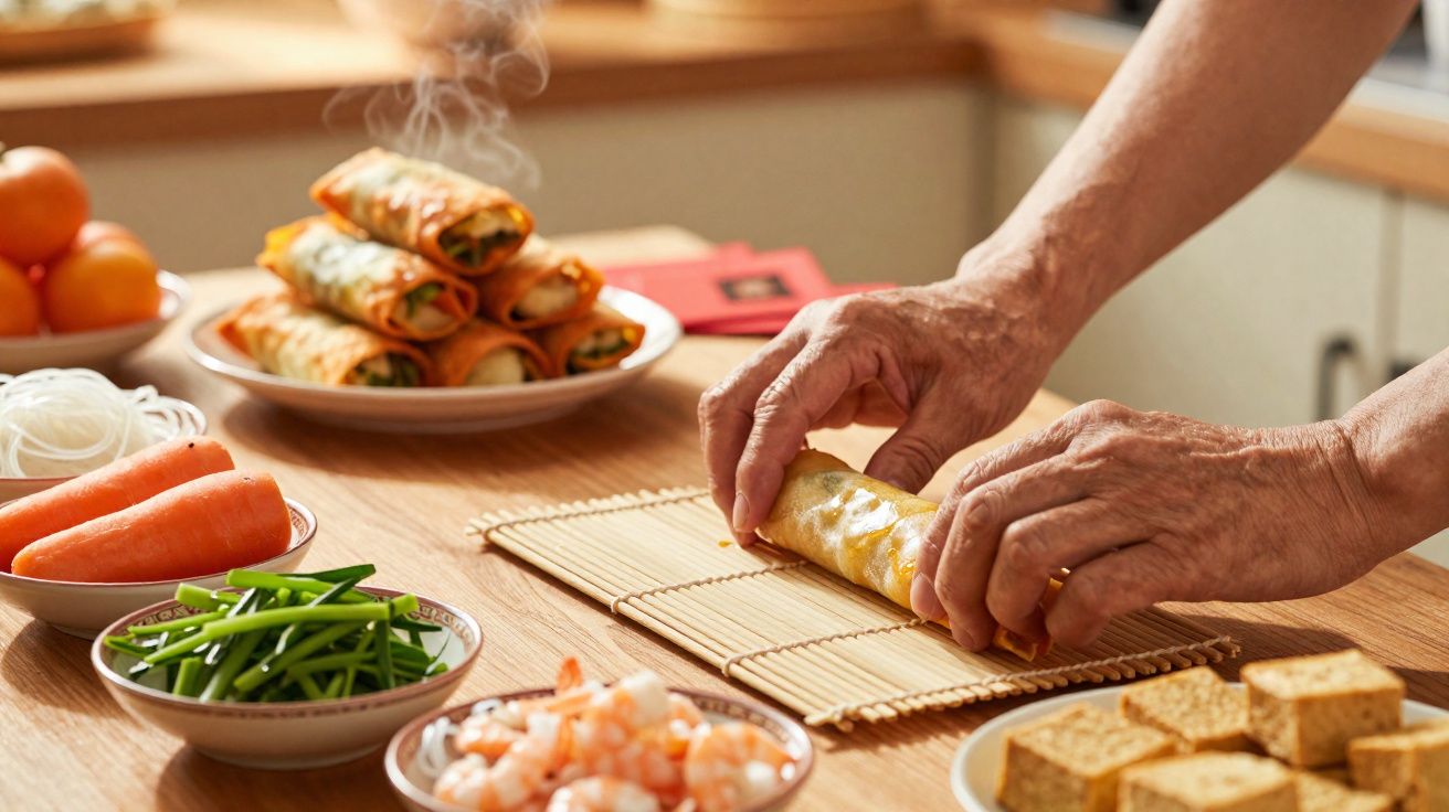 Mãos a enrolar um rolinho primavera numa esteira, com ingredientes frescos e rolinhos quentes ao fundo numa cozinha.