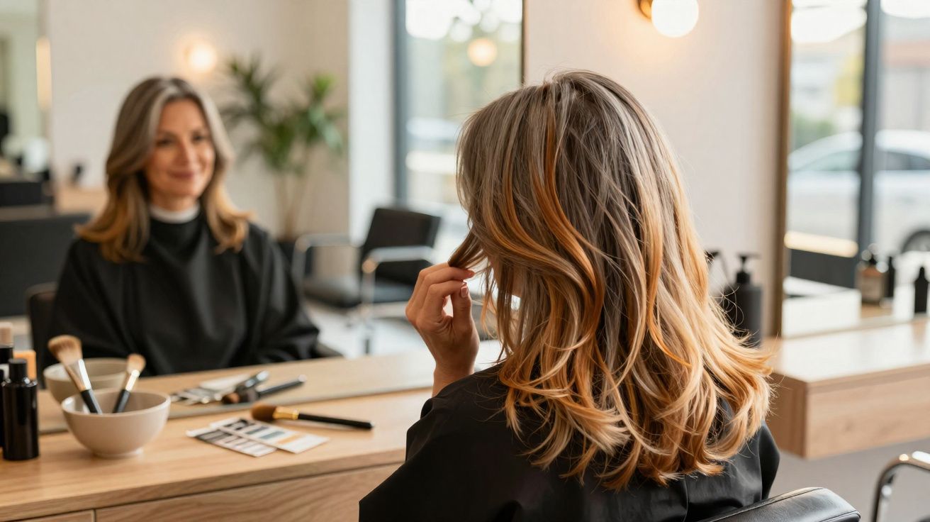 Mulher de cabelo loiro médio sentada diante de espelho num salão de cabeleireiro.