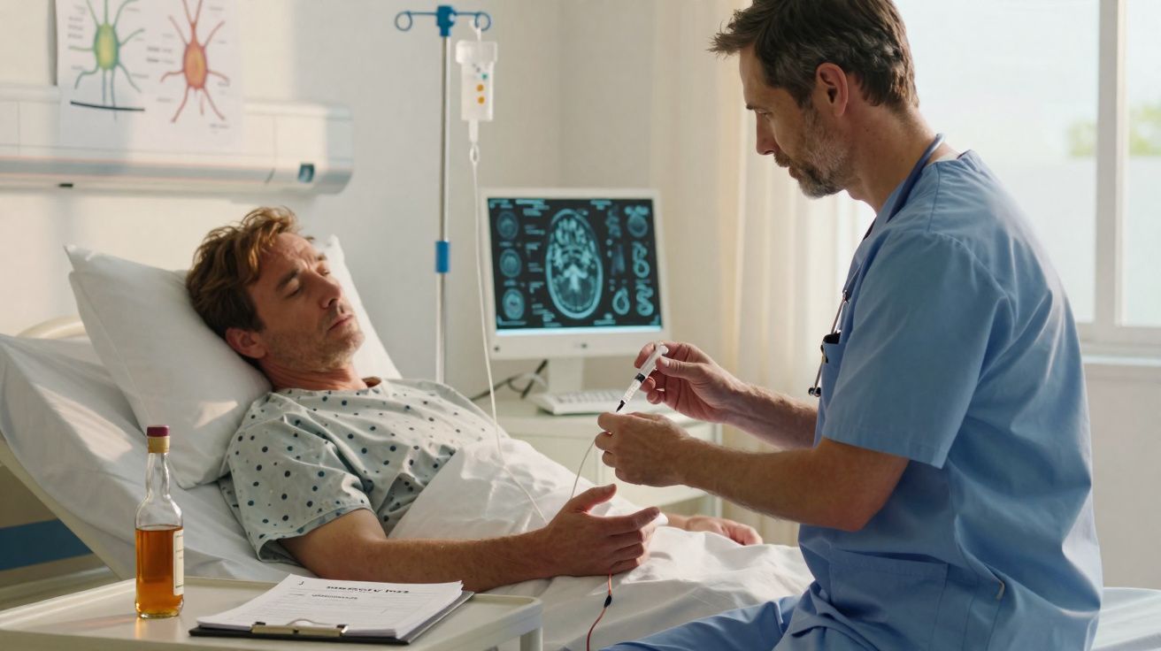 Paciente deitado numa cama de hospital com seringa na mão, enfermeiro a preparar-lhe medicação.