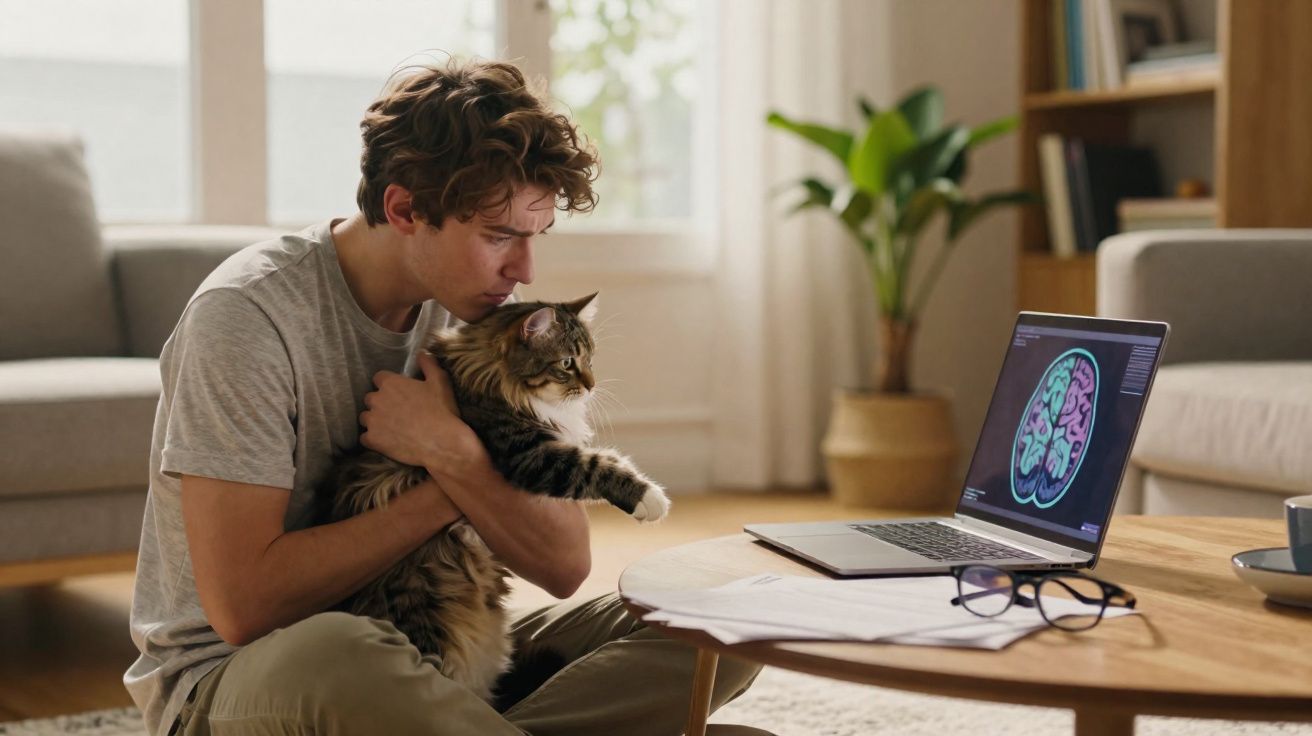 Jovem sentado no chão com um gato ao colo, olhando para imagens cerebrais num portátil na mesa de café.