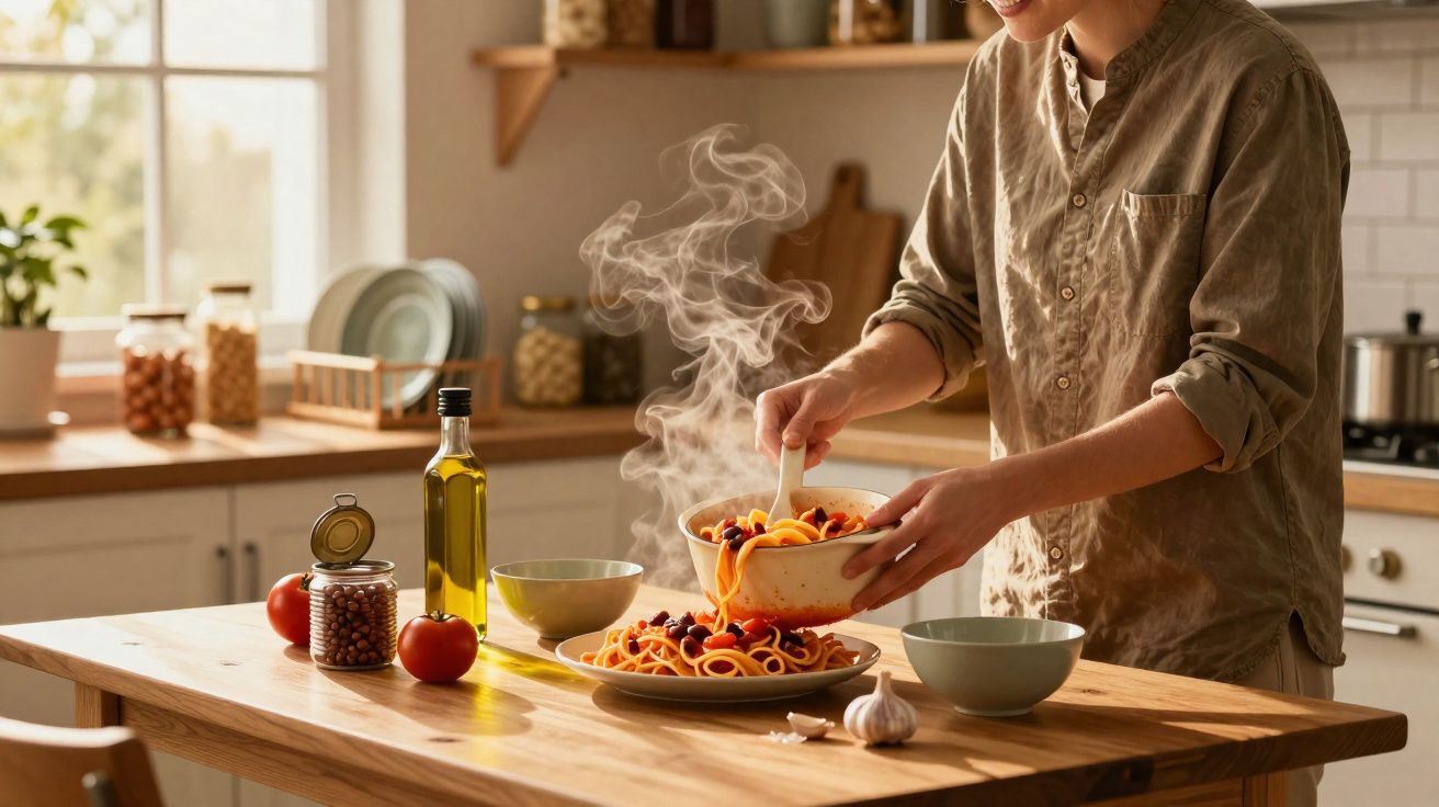 Pessoa a servir esparguete fumegante numa cozinha moderna com ingredientes frescos na bancada.