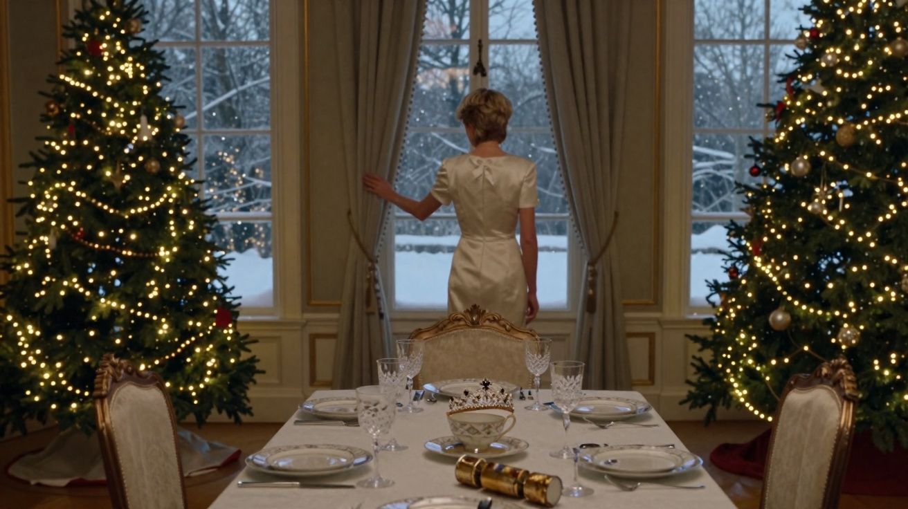 Mulher de vestido branco, de costas, a abrir cortinas numa sala elegante decorada com duas árvores de Natal iluminadas.