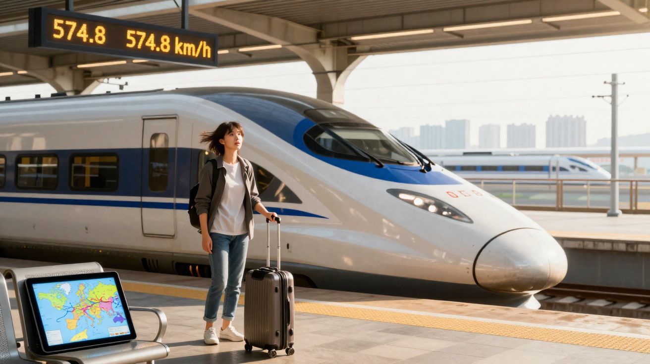 Mulher com mala numa estação ao lado de comboio de alta velocidade, painel mostra 574,8 km/h.