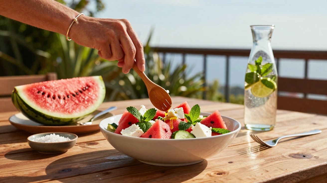 Pessoa a temperar salada de melancia, queijo e hortelã numa mesa de madeira ao ar livre com jarro de água aromatizada.