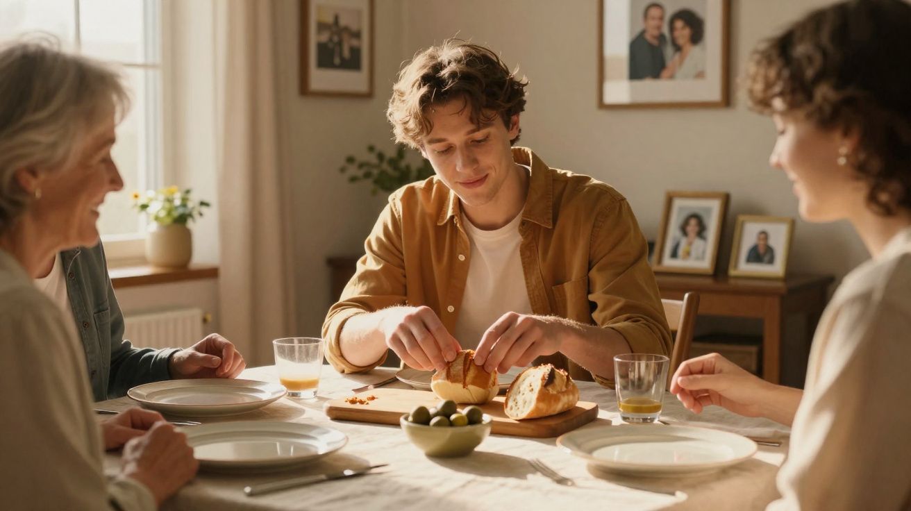 Jovem parte pão à mesa com familiares numa sala de jantar iluminada pela luz natural.