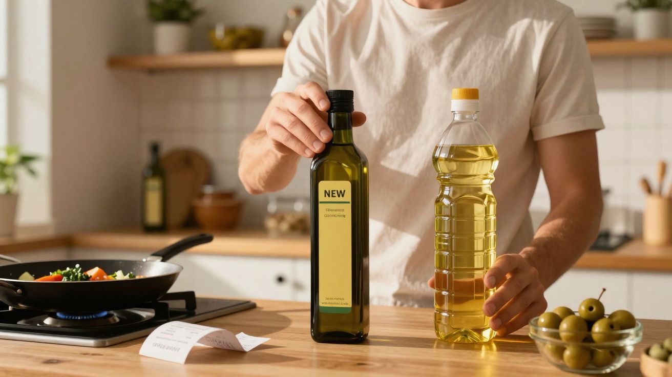 Pessoa segura garrafas de azeite e óleo na cozinha, com frigideira a cozinhar ao fundo.