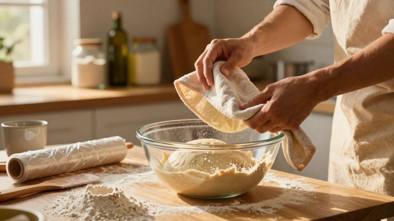 Pessoa a cobrir massa de pão com pano num recipiente de vidro numa bancada de cozinha com ingredientes.