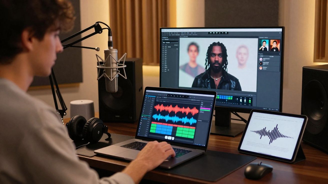 Pessoa a trabalhar edição de áudio e vídeo em computador com microfone e colunas numa secretária.