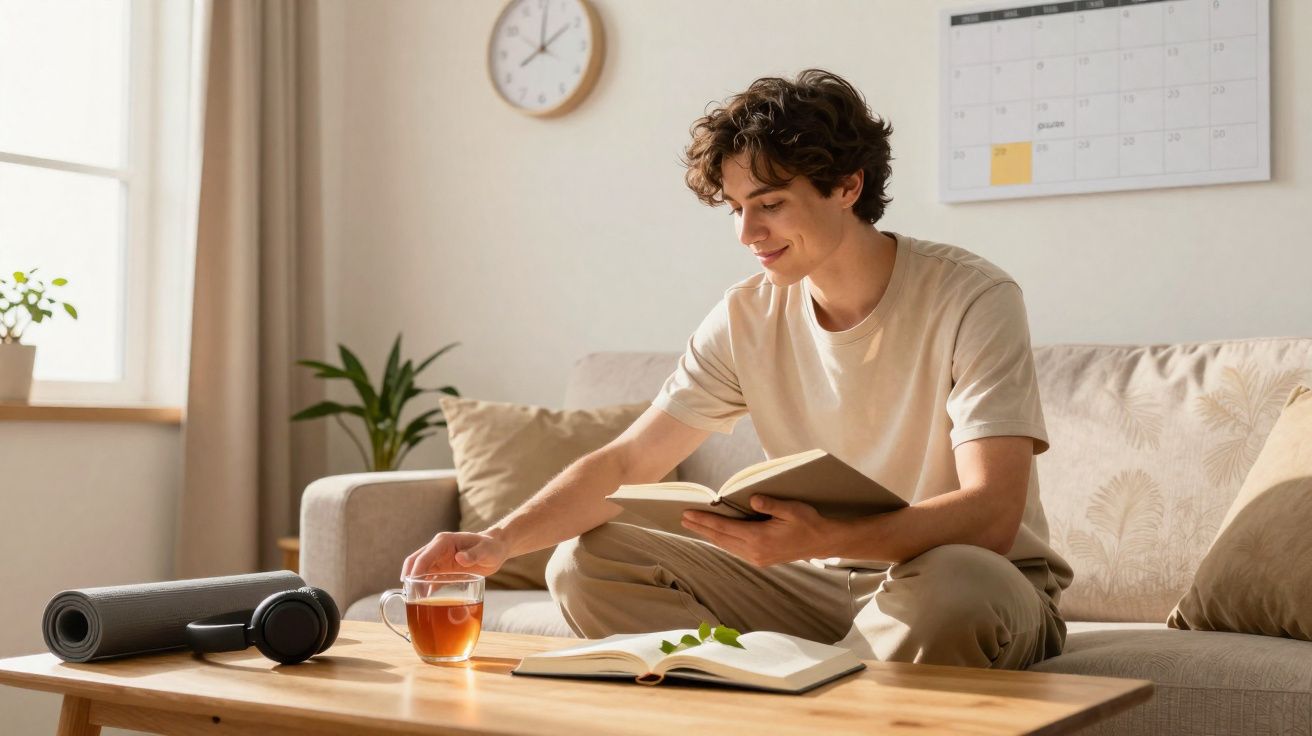 Jovem sentado no sofá a ler um livro, alcança chá numa sala iluminada e organizada.