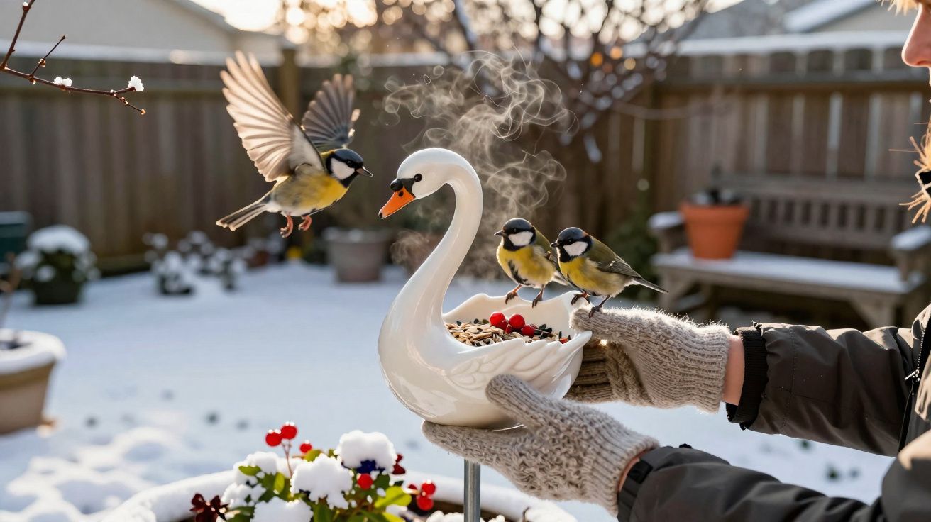 Pássaros pousam em comedouro em forma de cisne nas mãos de pessoa com luvas num jardim nevado.