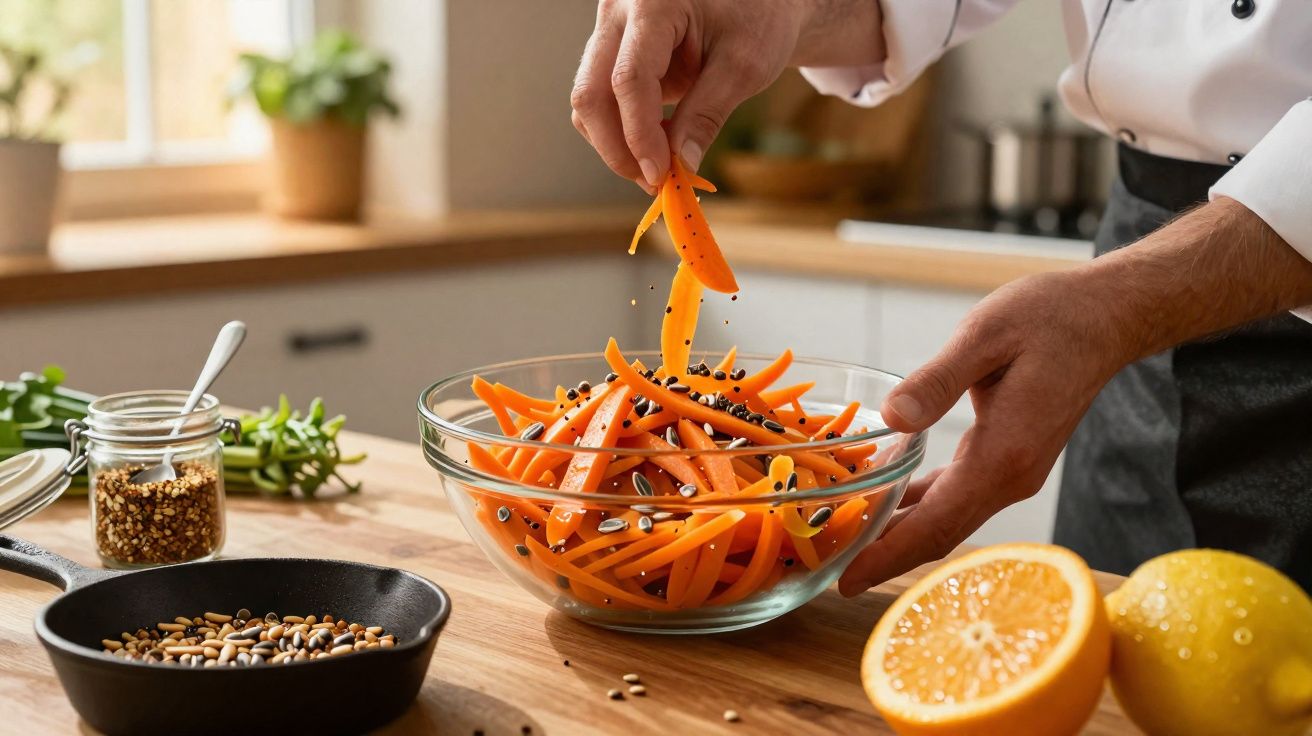 Pessoa a temperar tiras de cenoura com sementes numa taça de vidro numa cozinha iluminada.