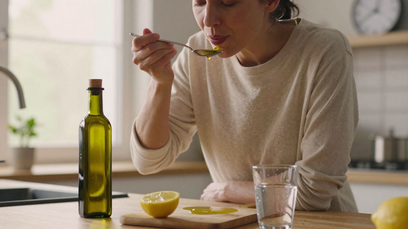 Mulher a provar azeite numa colher na cozinha, com limão cortado e garrafa de azeite na bancada.