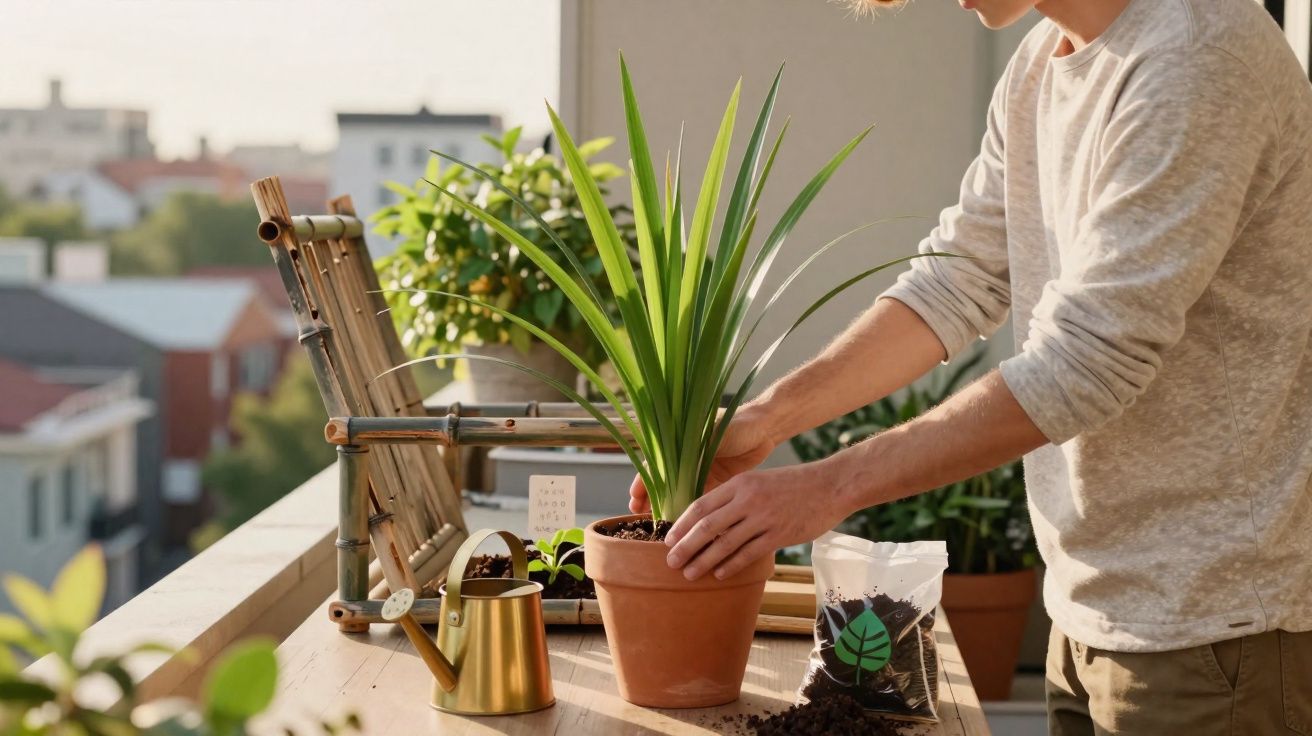 Pessoa a cuidar de planta num vaso terracota numa varanda com regador dourado e saco de terra.