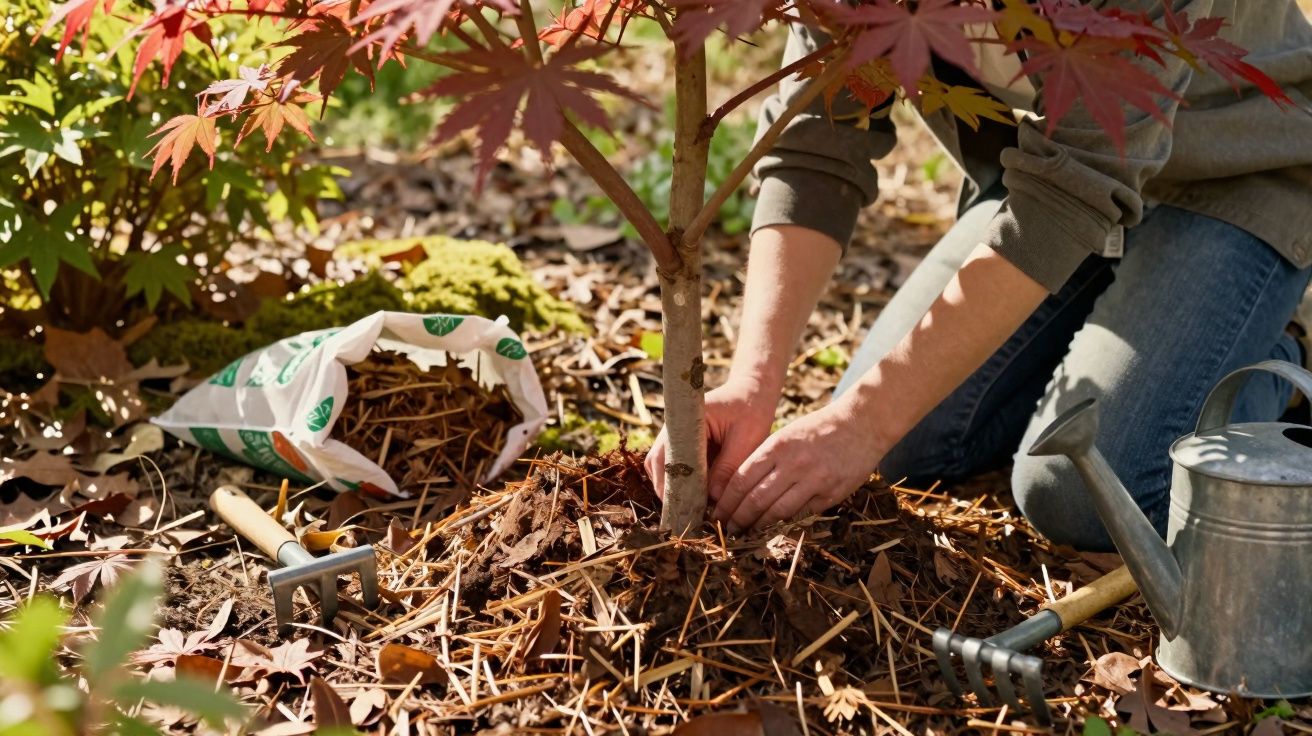 Pessoa a cuidar das raízes de uma árvore com folhas vermelhas, rodeada de ferramentas de jardinagem e regador.