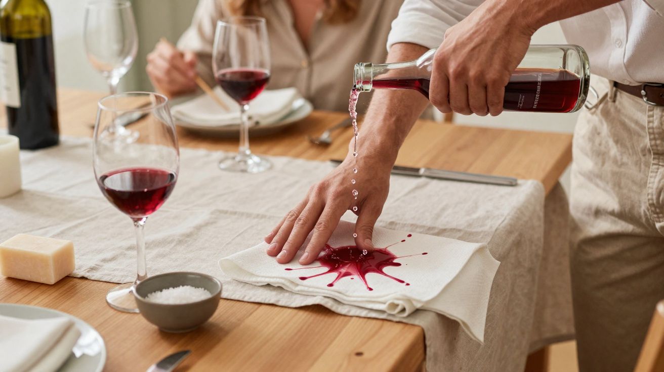 Pessoa a derramar vinho tinto sobre um guardanapo na mesa durante uma refeição.