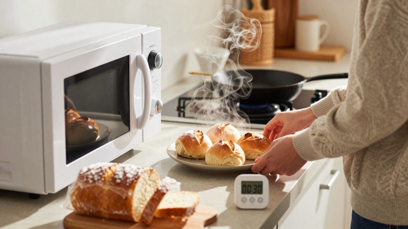 Pessoa retira pão quente e fumegante do forno micro-ondas numa cozinha moderna.