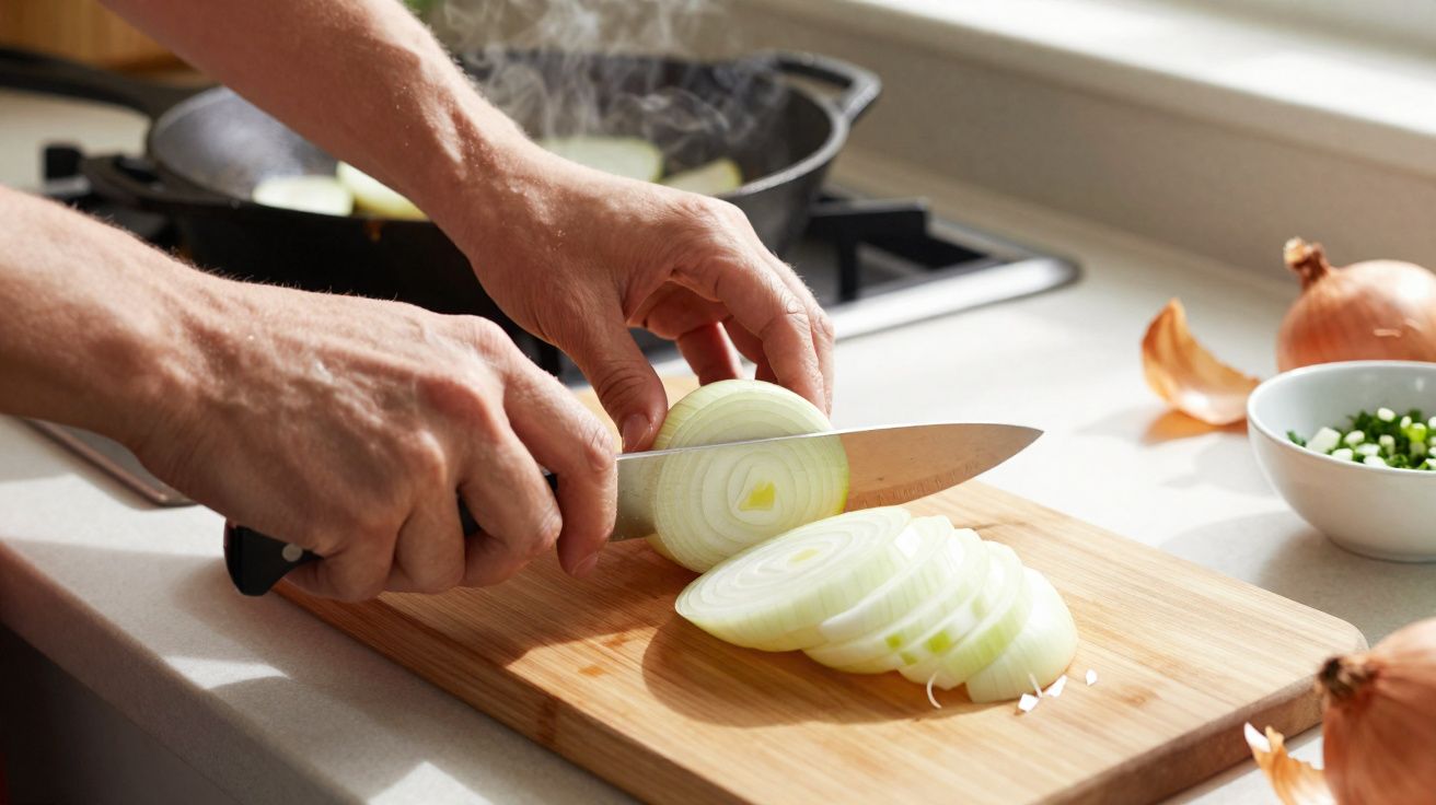 Mãos a cortar uma cebola em fatias finas numa tábua de cortar numa cozinha iluminada.
