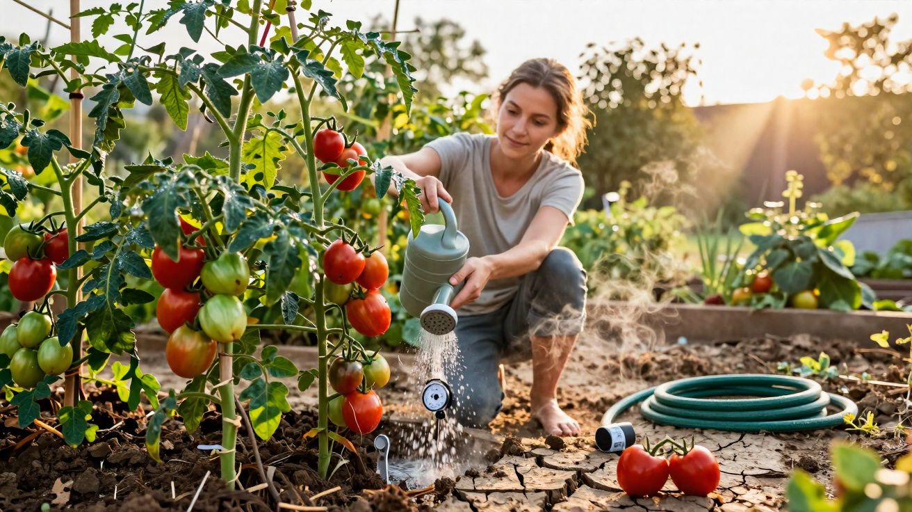 Mulher regando planta de tomate num jardim ao ar livre ao pôr do sol, com mangueira verde ao lado.