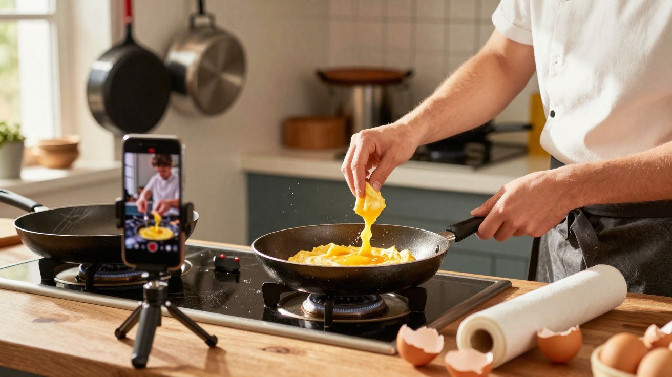 Pessoa a cozinhar omelete e a filmar o processo com o telemóvel na cozinha.