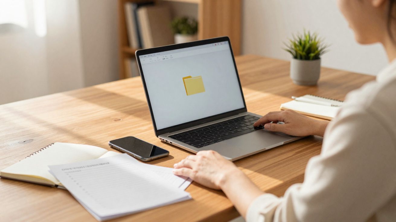 Pessoa a trabalhar num portátil com ícone de pasta na secretária com telemóvel, bloco de notas e planta.