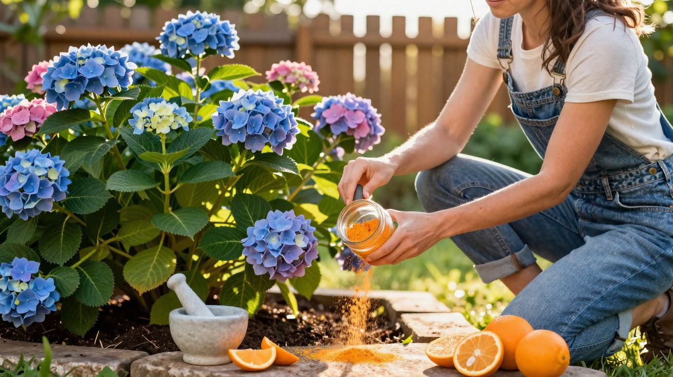 Mulher a aplicar fertilizante em hortênsias coloridas num jardim ensolarado, rodeada de citrinos.