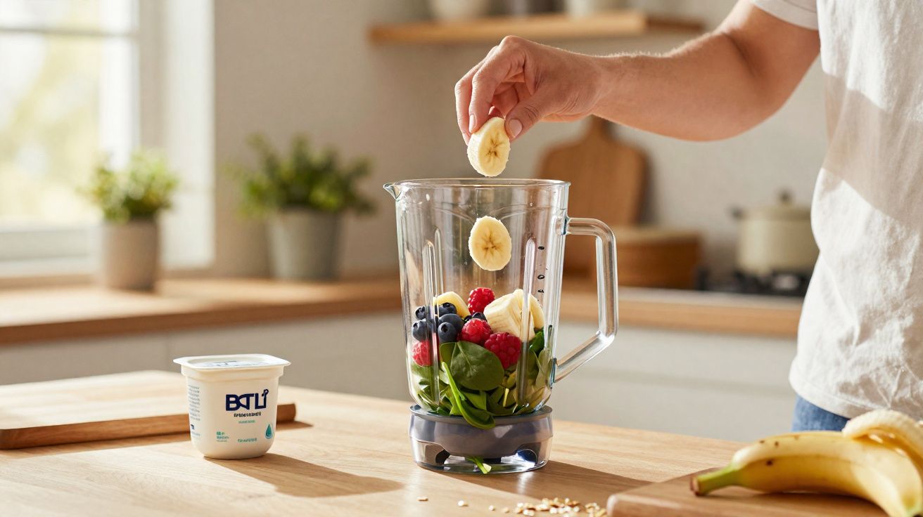 Pessoa a colocar rodelas de banana num liquidificador com frutas e espinafres numa cozinha luminosa.