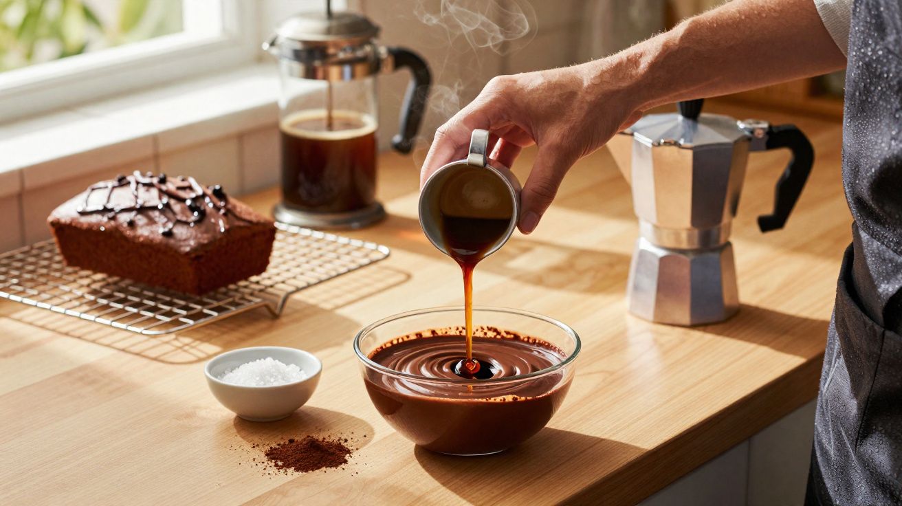 Pessoa a adicionar café quente numa taça com mistura de chocolate numa cozinha iluminada.
