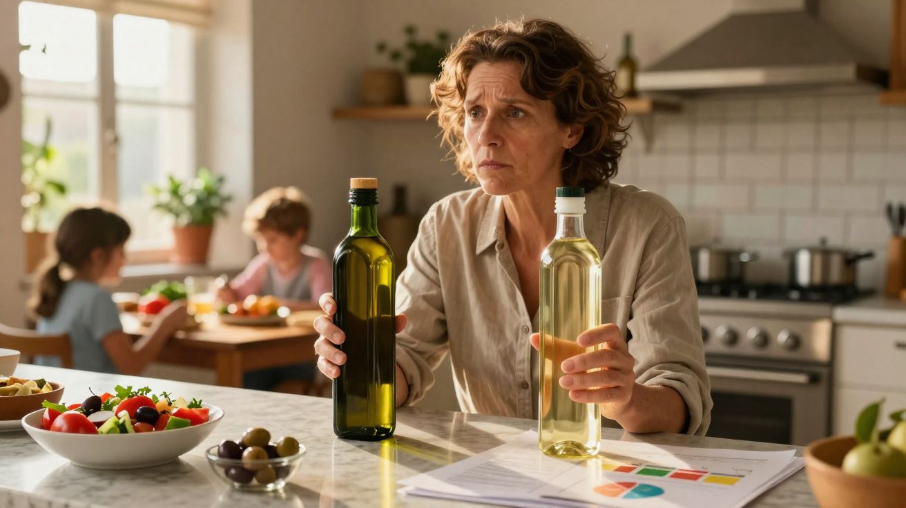 Mulher na cozinha compara garrafas de azeite com expressão pensativa, com crianças ao fundo.