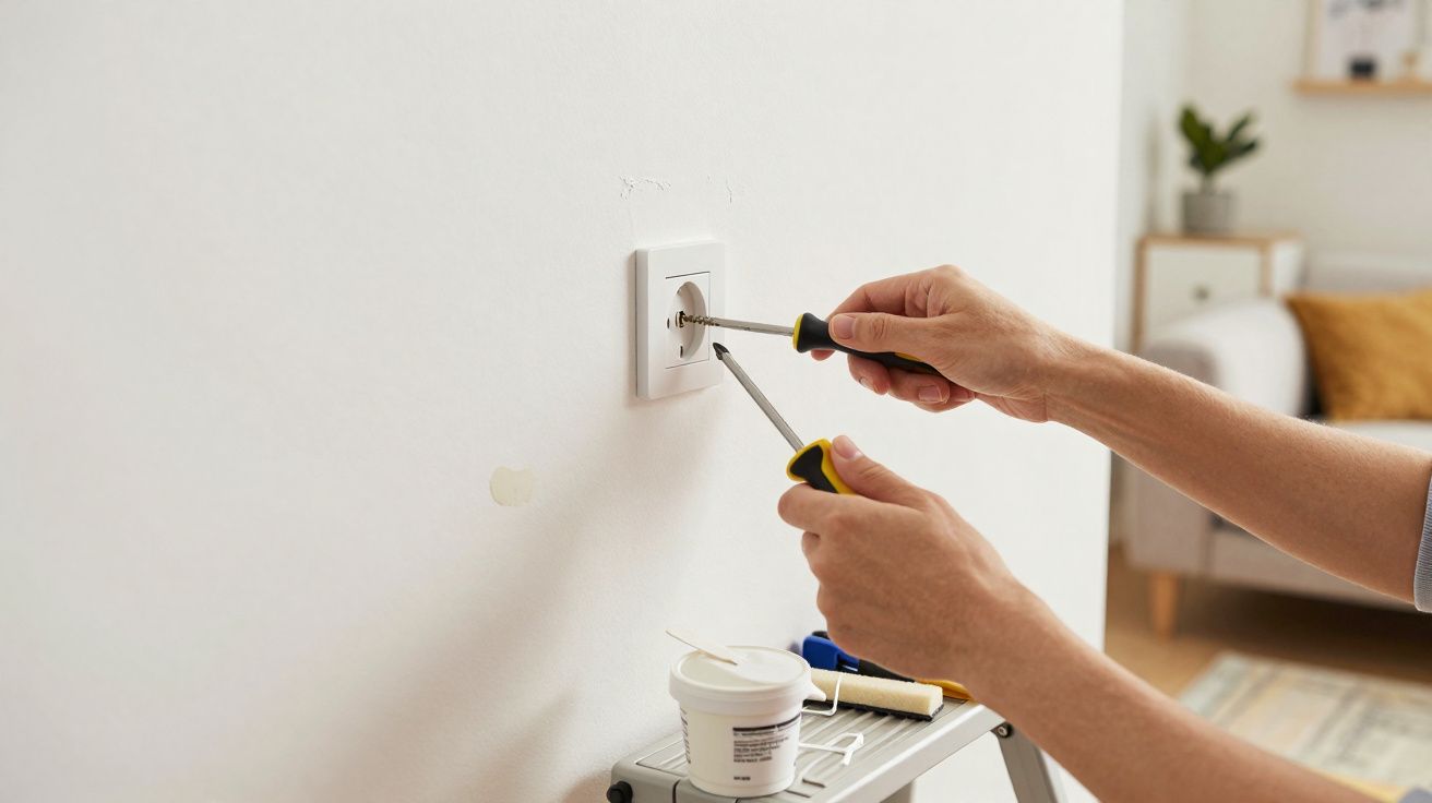 Mãos a instalar ou reparar uma tomada elétrica numa parede branca com duas chaves de fenda.