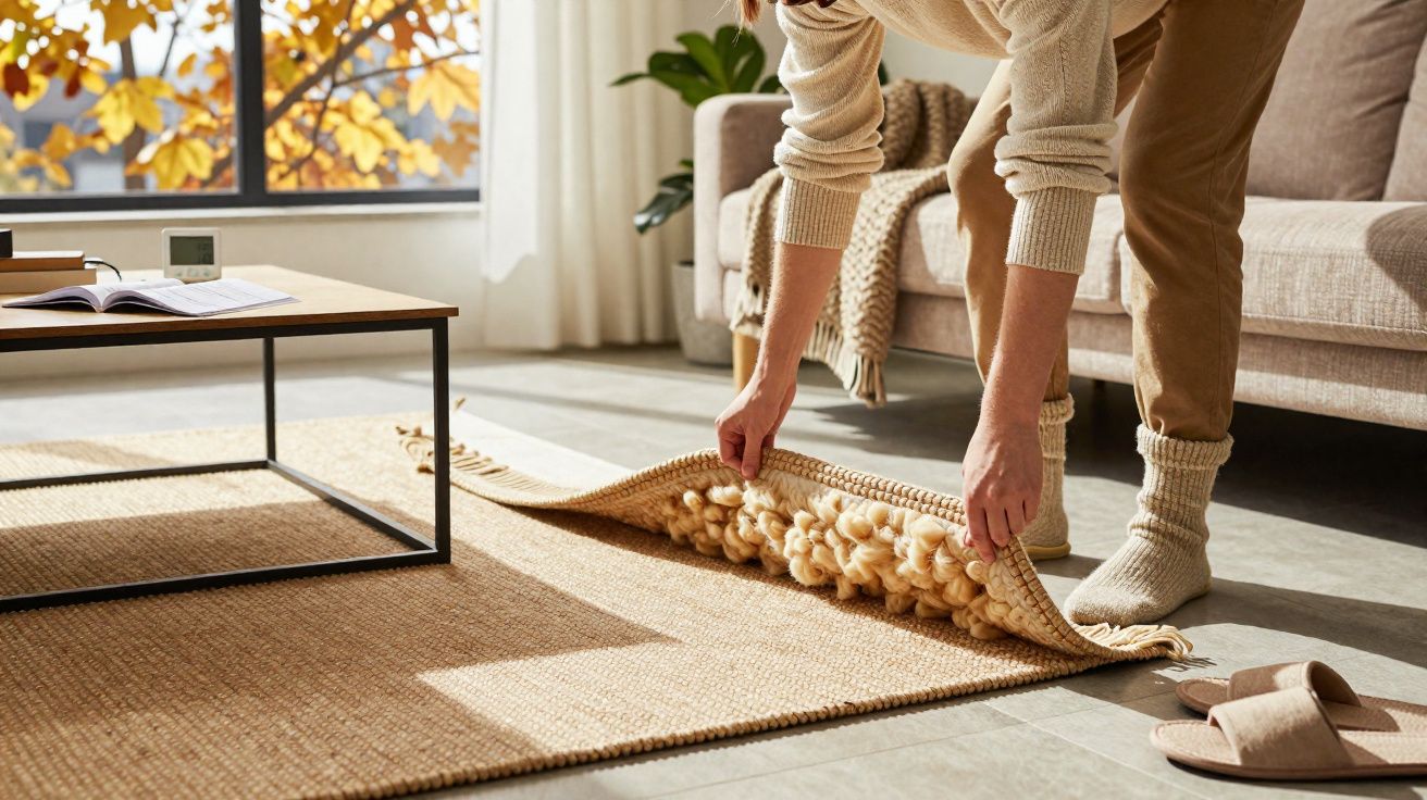 Pessoa a arrumar tapete felpudo em sala com sofá e mesa de madeira em dia ensolarado de outono.