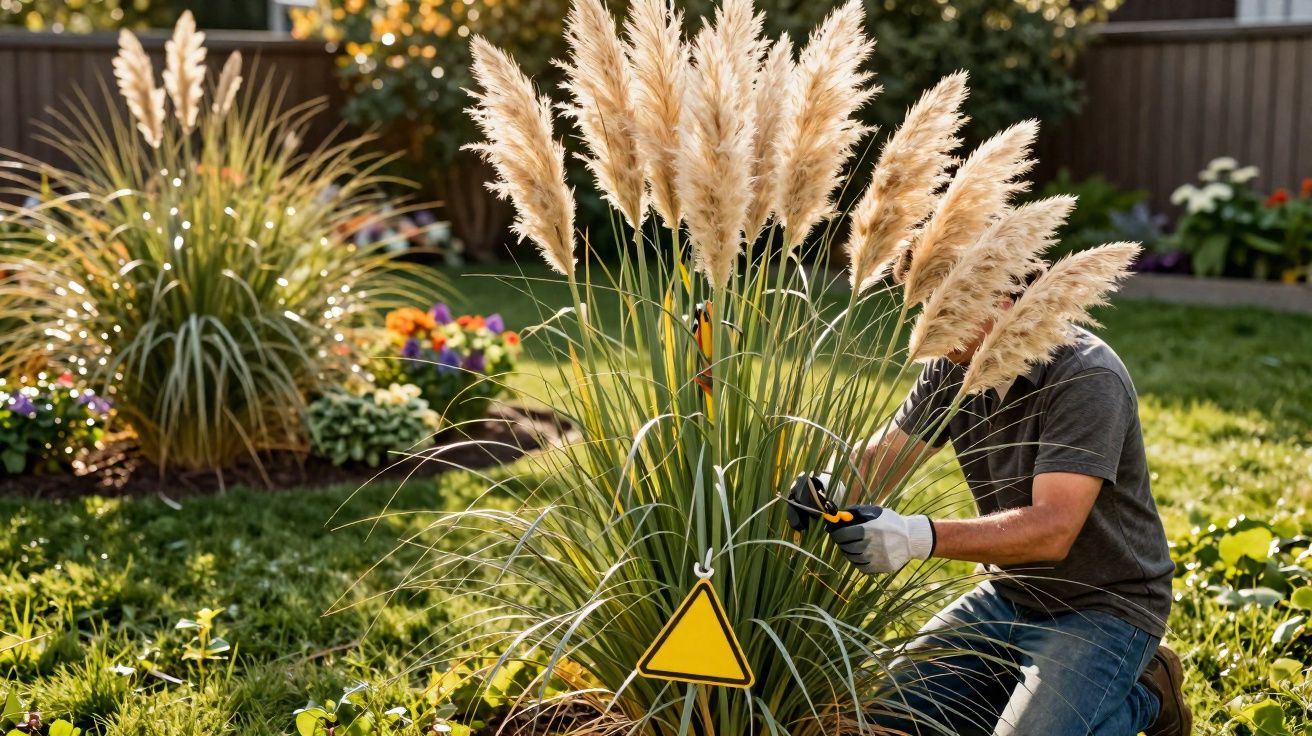 Pessoa com luvas a podar canas-das-bicicletas num jardim com flores coloridas ao fundo.