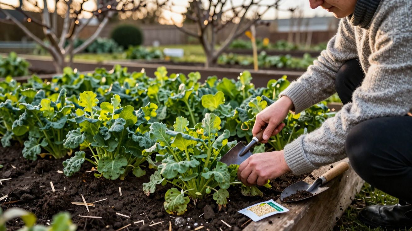 Pessoa a plantar sementes numa pequena horta com plantas verdes e solo escuro, em ambiente exterior.