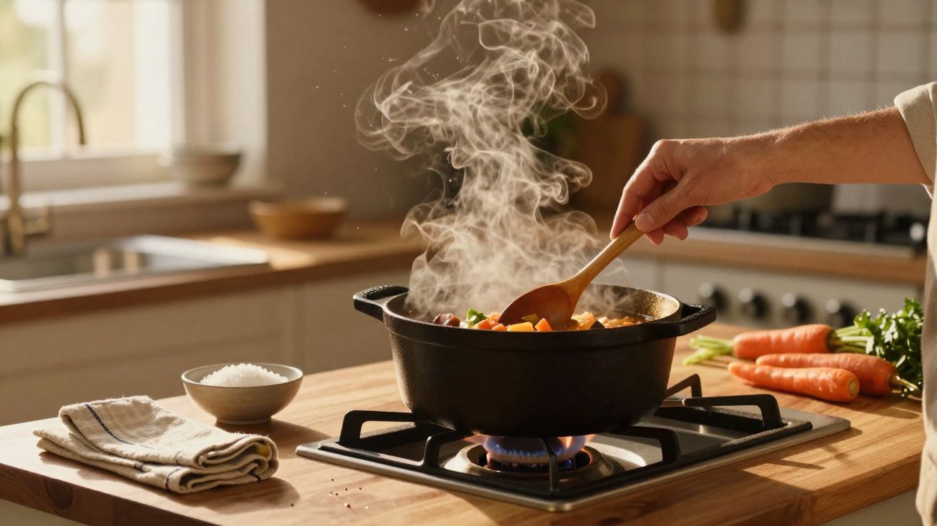 Mão a mexer panela com legumes a cozinhar no fogão, com vapor a subir numa cozinha iluminada.