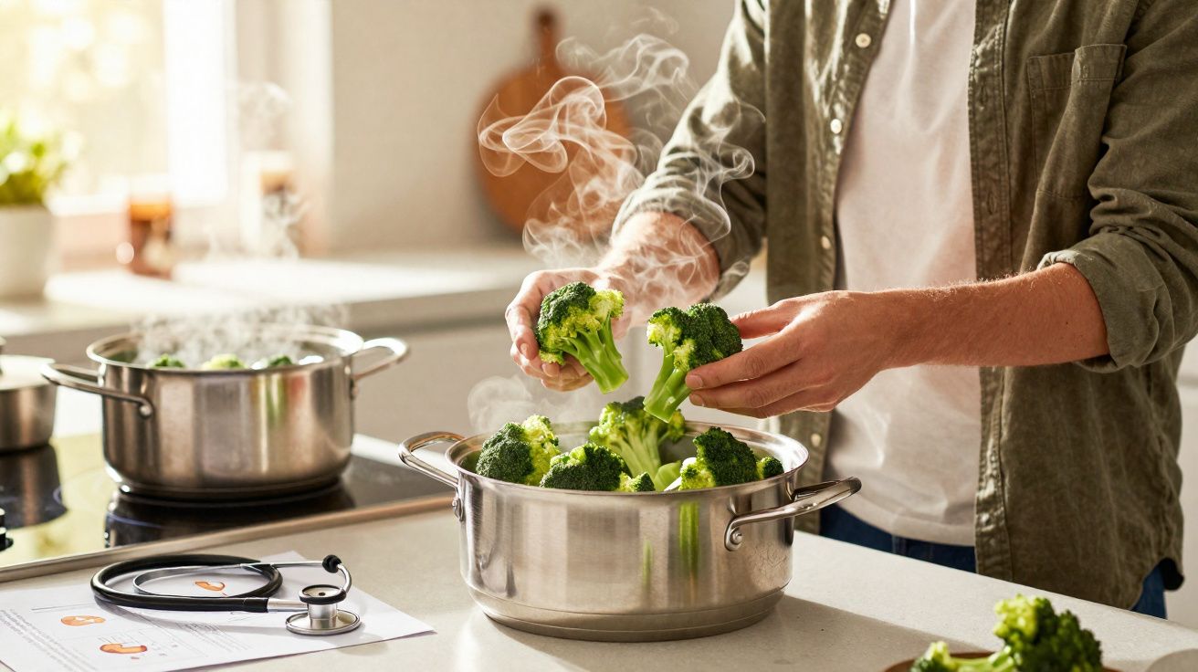 Pessoa a colocar brócolos a vapor numa panela numa cozinha moderna e luminosa.