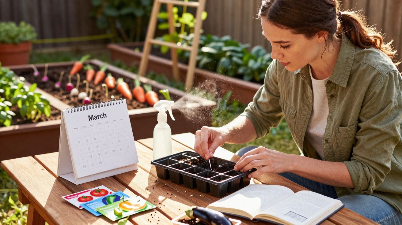 Mulher a plantar sementes em tabuleiro, com calendário, pulverizador e pacotes de sementes numa mesa de madeira.
